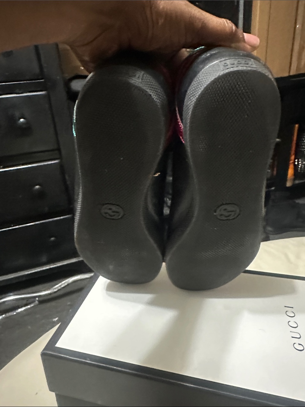Gucci Black Leather Sneakers with Gold Double G and Red/Green Heel Tabs 13 - Picture 3 of 6